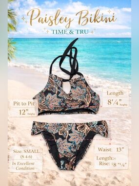 Time & Tru Paisley Bikini Set Small S 4-6 Halter High Cut Bottoms Boho Swim